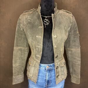 Jennyfer J 100% Nubuc Leather Military Moto Jacket Women’s S Olive Green
